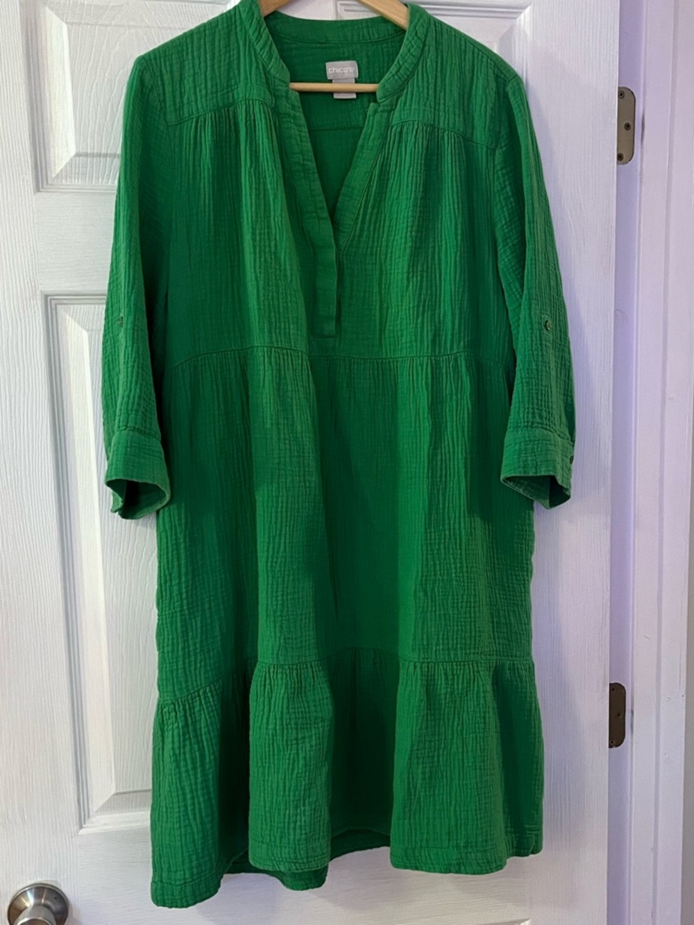 Chico's Tropical Green 3/4 Sleeve Tiered 100% Cotton V-neck Dress Boho Summer
